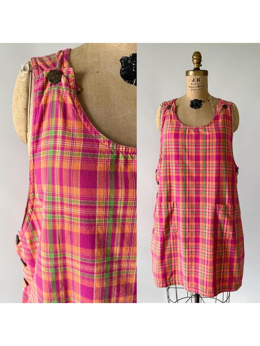 Vintage 1990s Pink Orange Madras Plaid Cotton Pinafore Jumper Dress Pockets XL